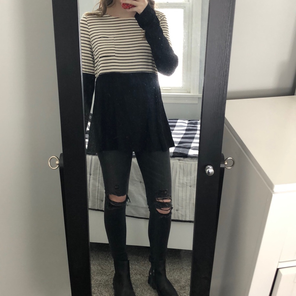 Doe & Rae Black Cream Striped Long Sleeve Top M